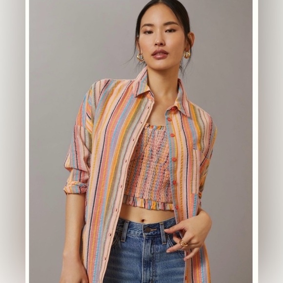 Anthropologie Pilcro long sleeve boyfriend striped shirt & smoked top set - Picture 3 of 10